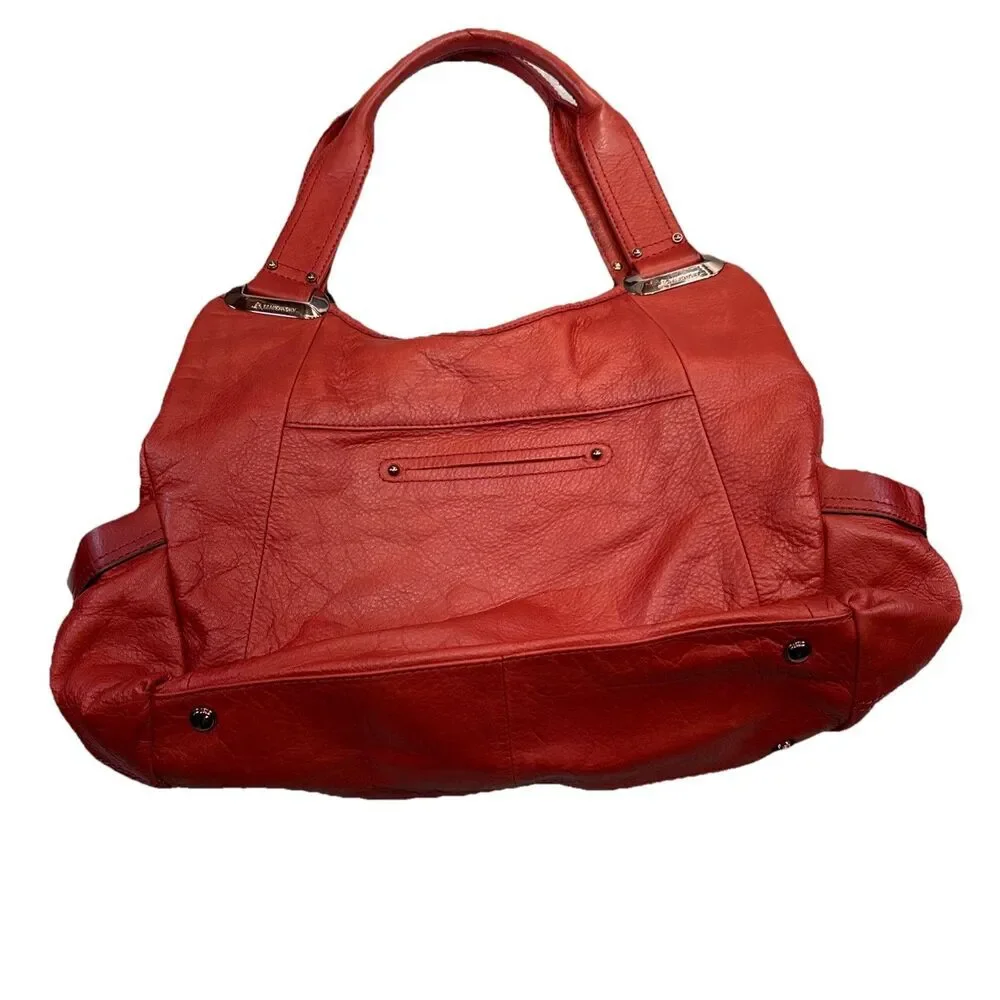 B. Makowsky Red Orange Pebbled Leather Satchel Bag Boho Shoulder Purse 3-Section